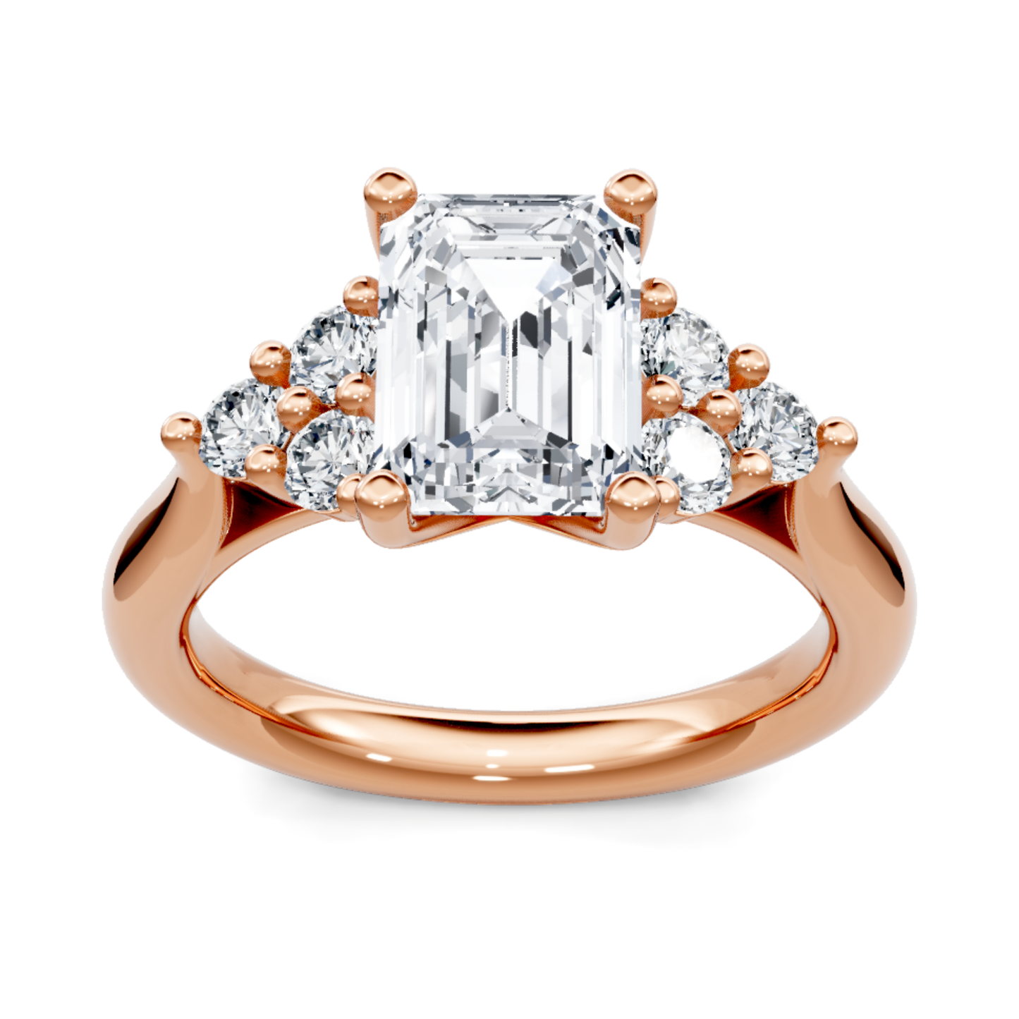 Crafted in 14K Rose' Gold and a pave' setting featuring a round, emerald center diamond of 0.25 carats.