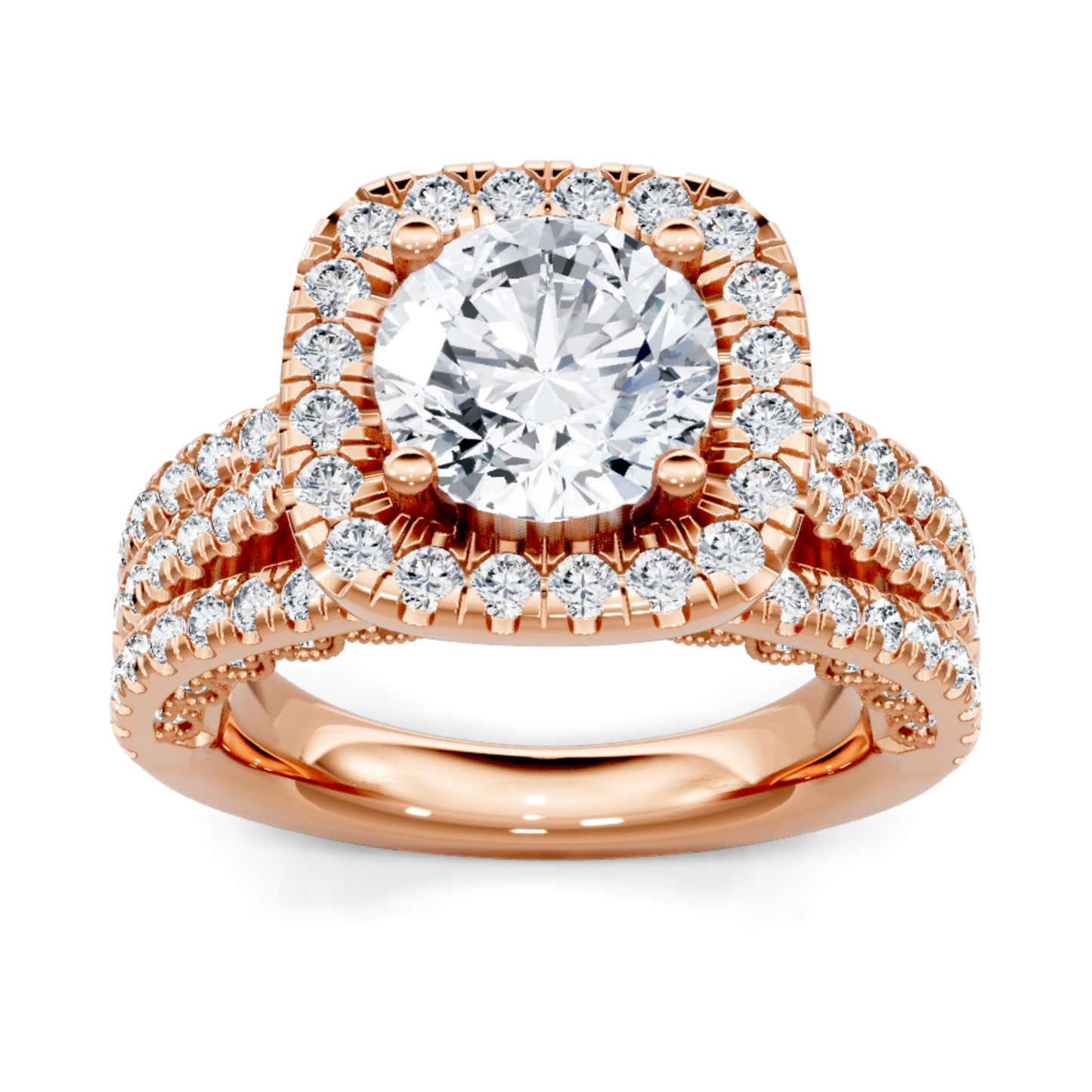 Crafted in 14K Rose' Gold and a halo setting featuring a round, cushion center diamond of 1.25 carats.
