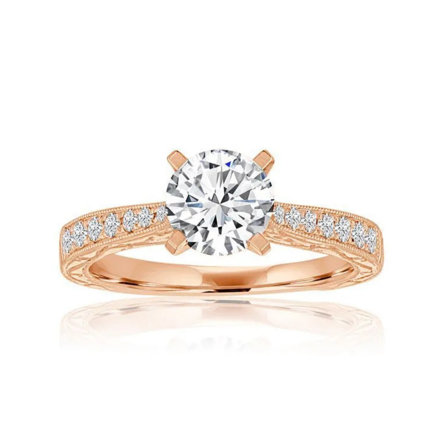 Crafted in 14K Rose' Gold and a pave' setting featuring a round center diamond of 0.2 carats.