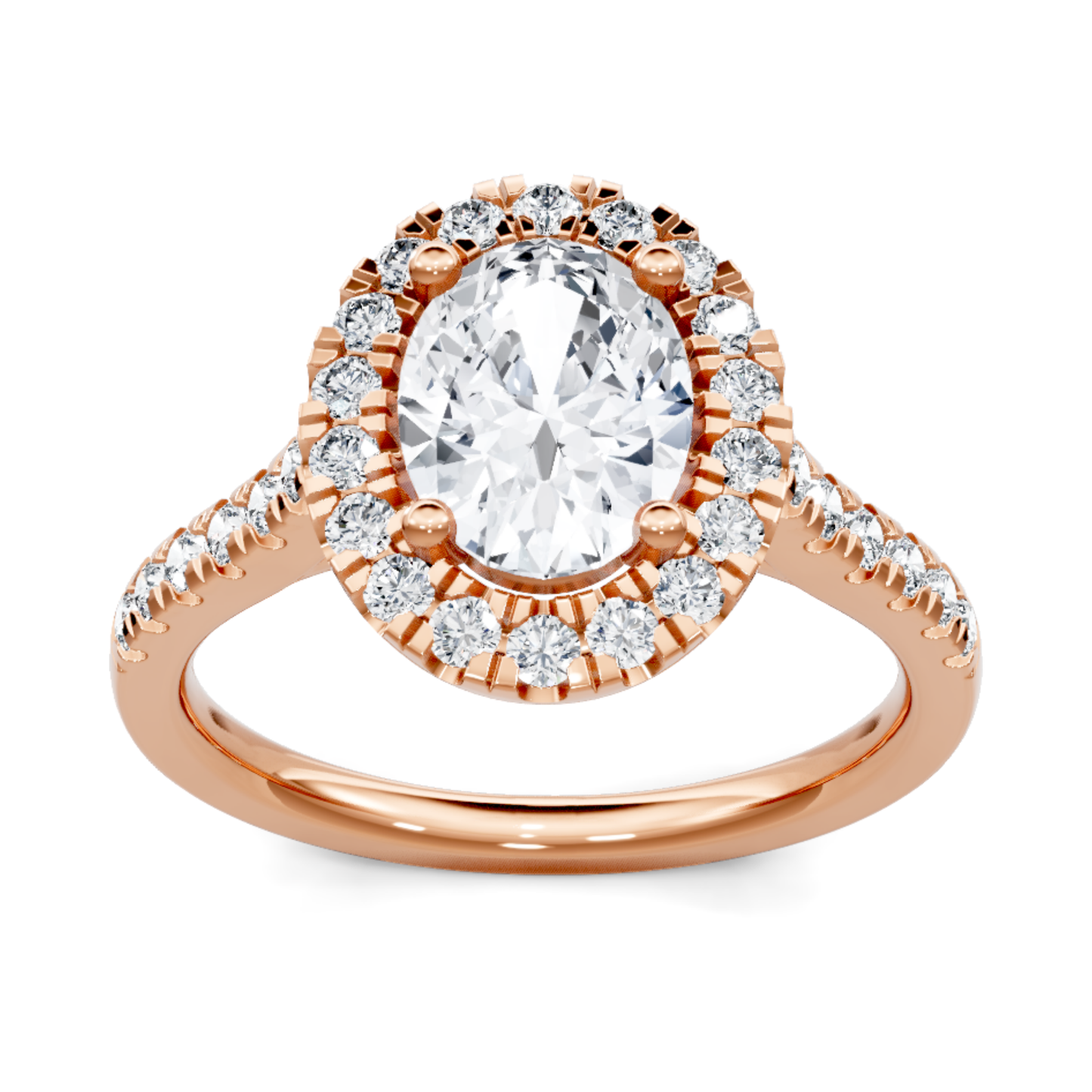 Crafted in 14K Rose' Gold and a halo setting featuring a round, oval center diamond of 0.5 carats.