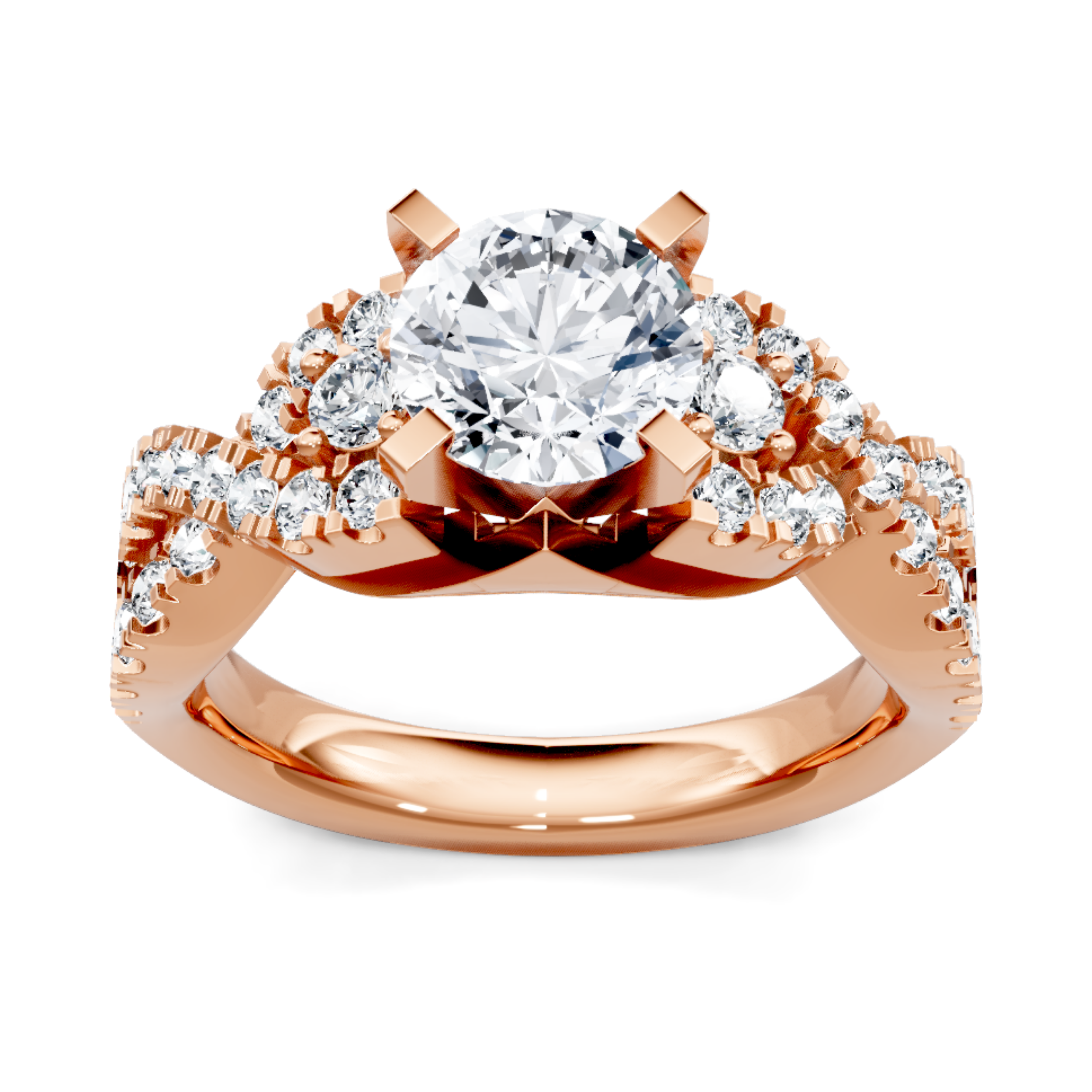 Crafted in 14K Rose' Gold and a pave' setting featuring a round center diamond of 0.67 carats.