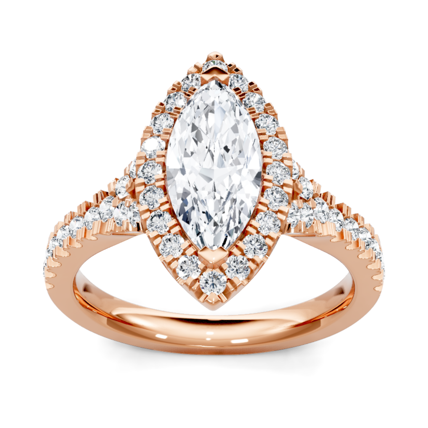 Crafted in 14K Rose' Gold and a halo setting featuring a round, marquise center diamond of 0.4 carats.