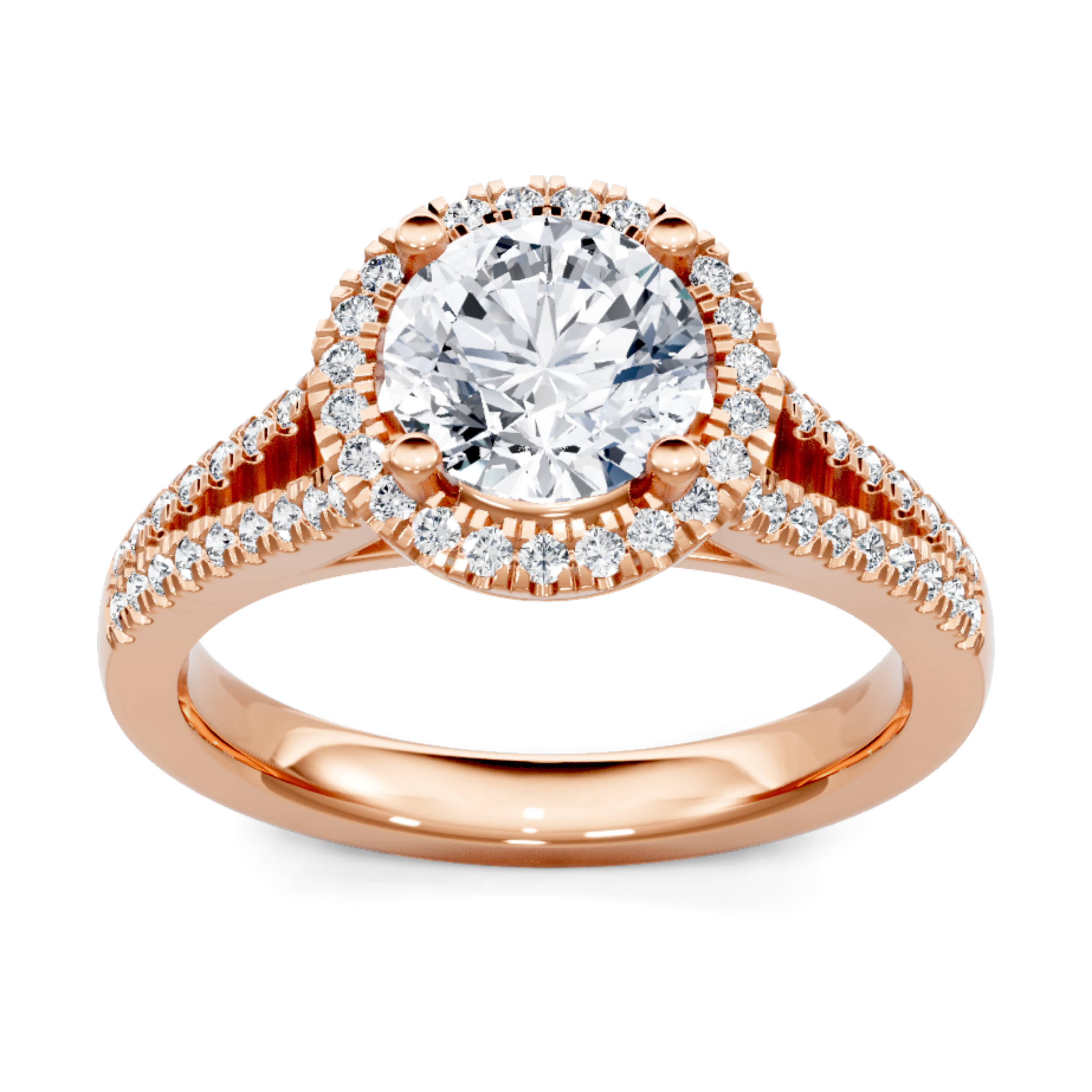Crafted in 14K Rose' Gold and a halo setting featuring a round center diamond of 0.25 carats.