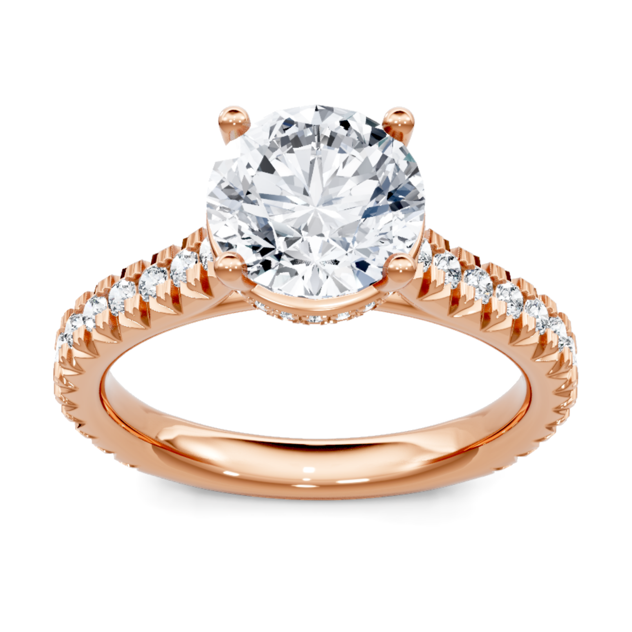 Crafted in 14K Rose' Gold and a pave' setting featuring a round, cushion center diamond of 0.5 carats.