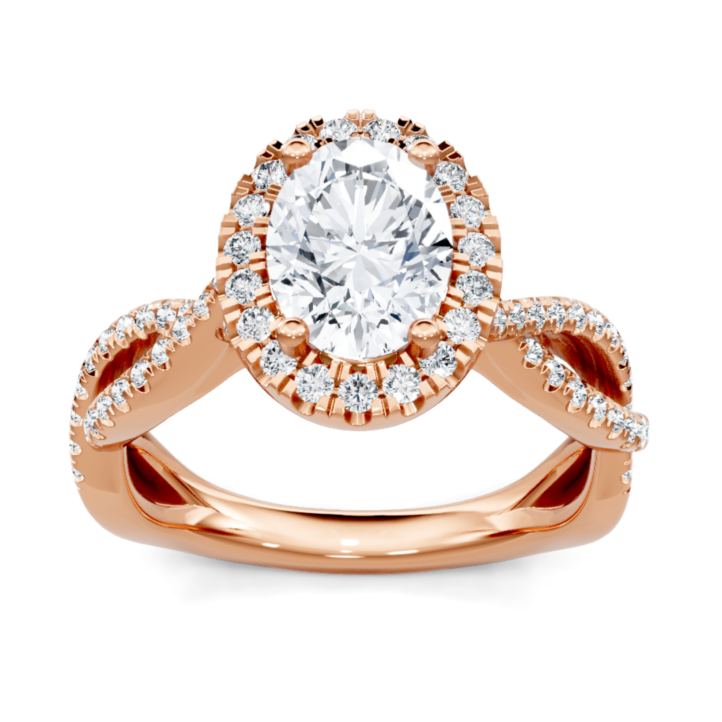 Crafted in 14K Rose' Gold and a halo setting featuring a round, oval center diamond of 0.33 carats.