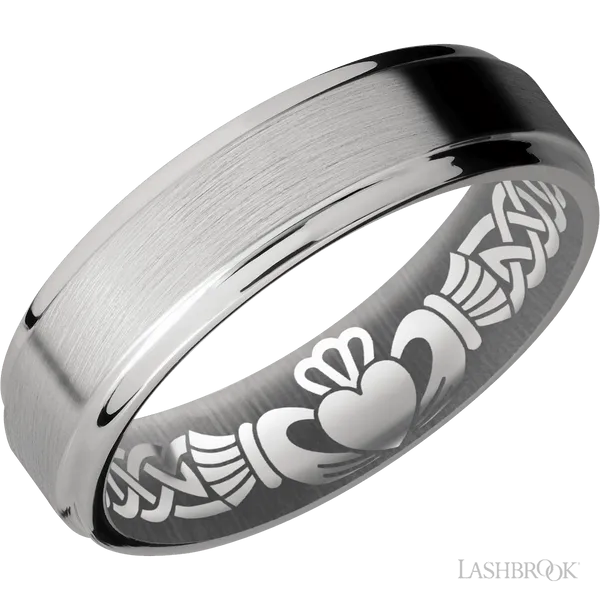 This Titanium wedding band features a flat style with a flat setting. The piece is polished and elegant, crafted without diamonds for a refined finish.