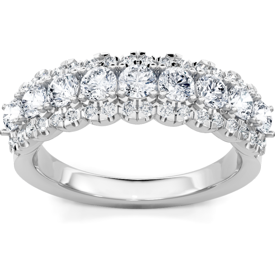 This gold 14K White Gold rose wedding band features a comfort fit style with a comfort fit setting. The design is accented with diamonds totaling about 0.018 carats.