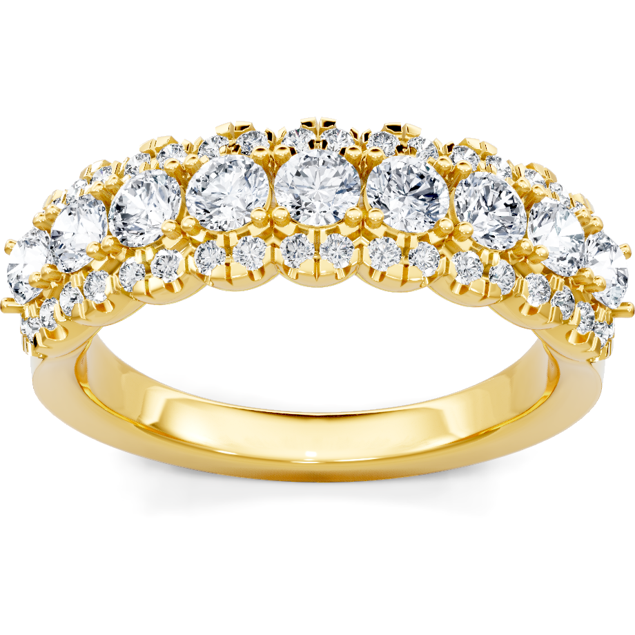 This gold 14K Yellow Gold rose wedding band features a comfort fit style with a comfort fit setting. The design is accented with diamonds totaling about 0.018 carats.