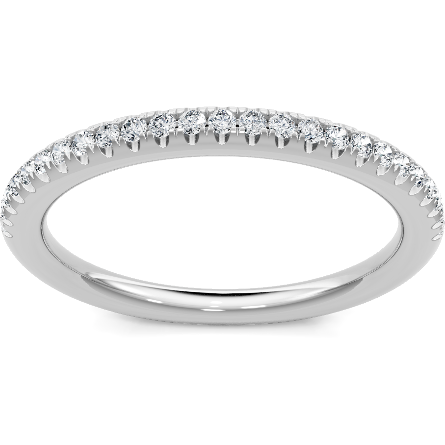 This gold 14K White Gold rose wedding band features a comfort fit style with a comfort fit setting. The design is accented with diamonds totaling about 0.31 carats.