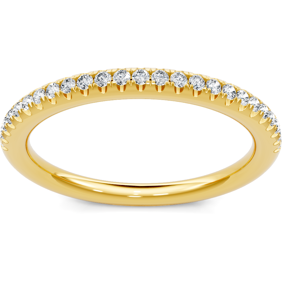 This gold 14K Yellow Gold rose wedding band features a comfort fit style with a comfort fit setting. The design is accented with diamonds totaling about 0.31 carats.