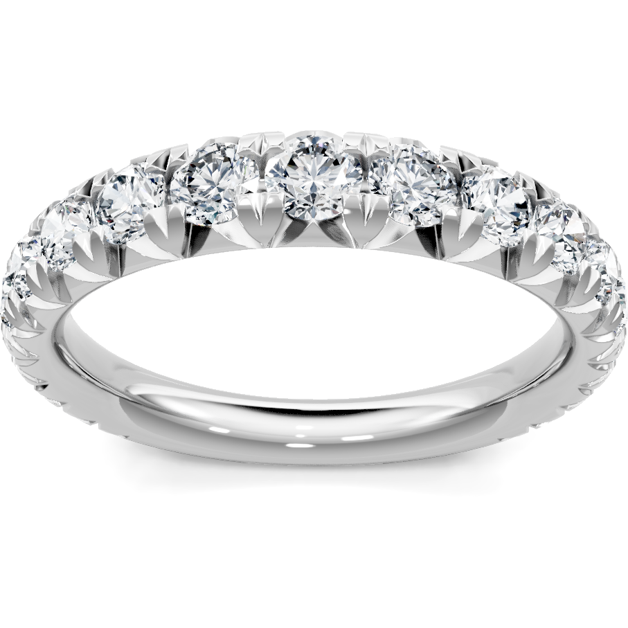 This gold 14K White Gold rose wedding band features a comfort fit style with a comfort fit setting. The design is accented with diamonds totaling about 0.042 carats.