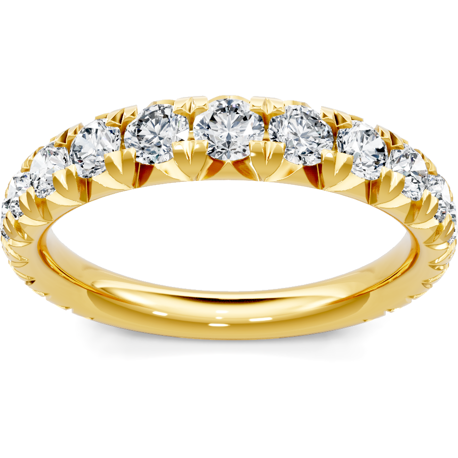 This gold 14K Yellow Gold rose wedding band features a comfort fit style with a comfort fit setting. The design is accented with diamonds totaling about 0.042 carats.