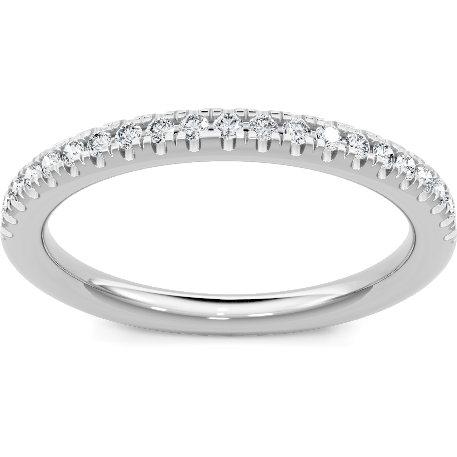 This gold 14K White Gold rose wedding band features a comfort fit style with a comfort fit setting. The design is accented with diamonds totaling about 0.008 carats.