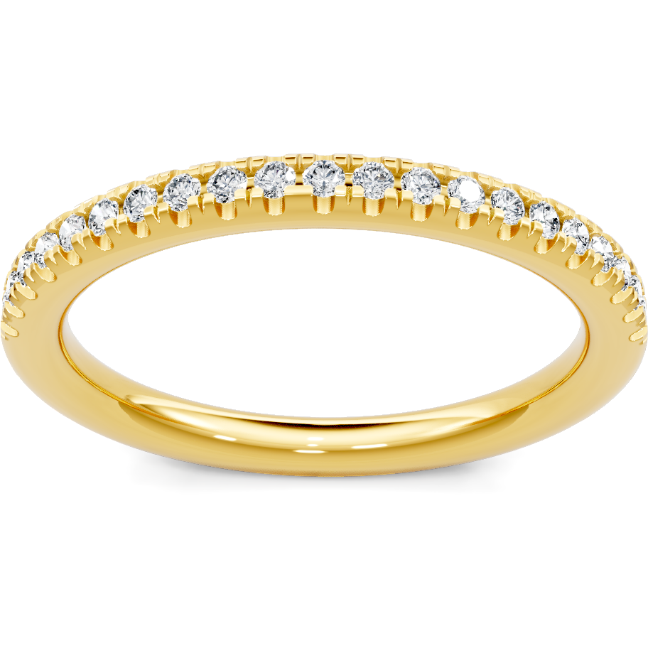 This gold 14K Yellow Gold rose wedding band features a comfort fit style with a comfort fit setting. The design is accented with diamonds totaling about 0.008 carats.