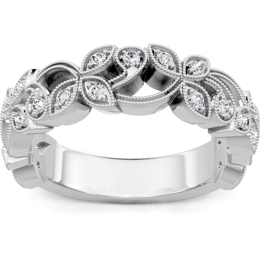 This gold 14K White Gold rose wedding band features a pavé style with a pavé setting. The design is accented with diamonds totaling about 0.007 carats.