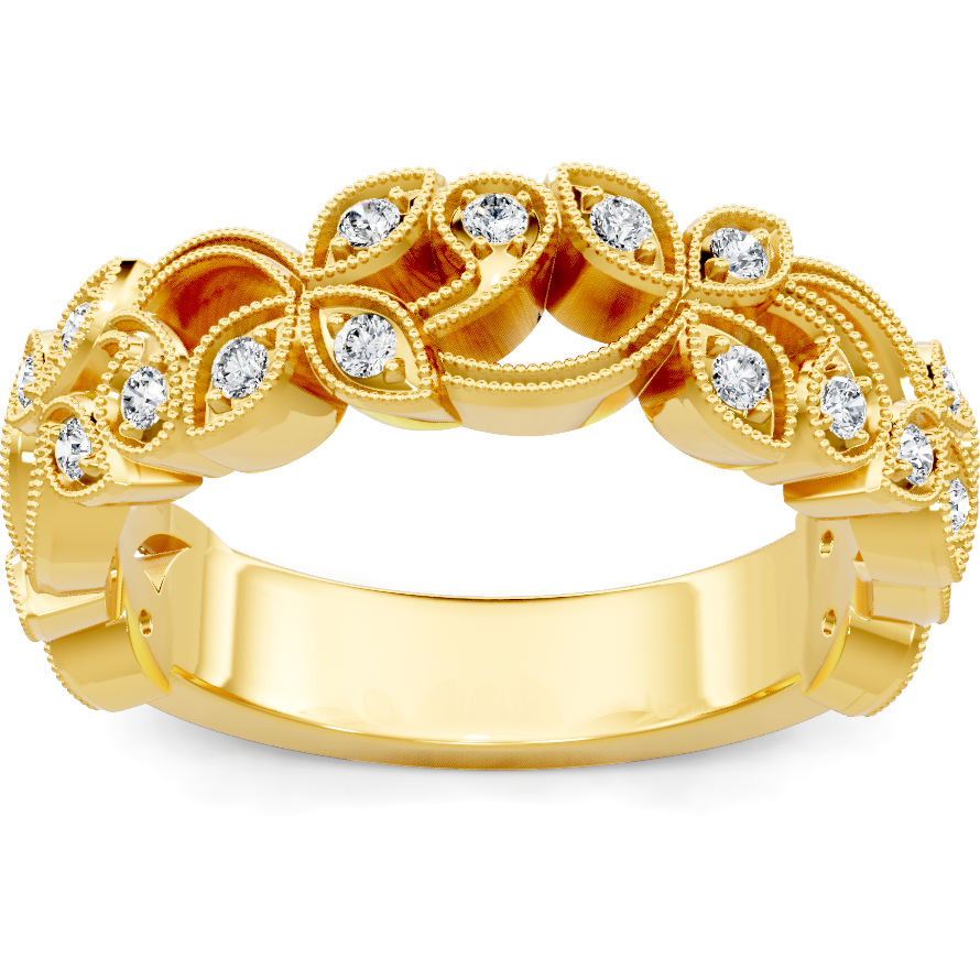 This gold 14K Yellow Gold rose wedding band features a pavé style with a pavé setting. The design is accented with diamonds totaling about 0.007 carats.