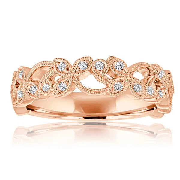 This gold 14K Rose' Gold rose wedding band features a pavé style with a pavé setting. The design is accented with diamonds totaling about 0.007 carats.
