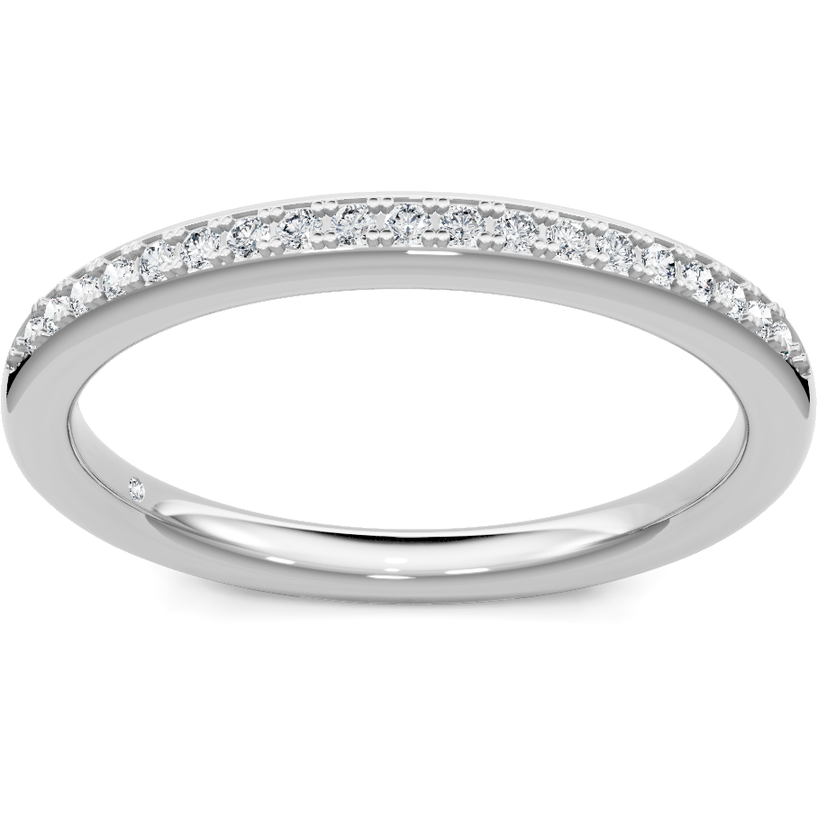 This gold 14K White Gold rose wedding band features a milgrain style with a milgrain setting. The design is accented with diamonds totaling about 0.005 carats.