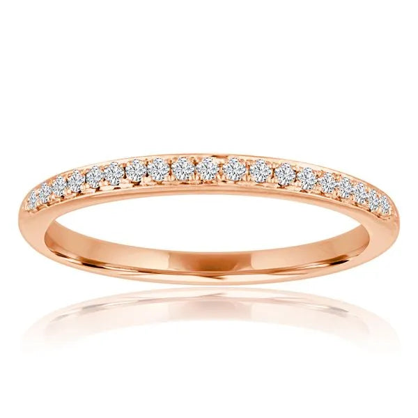 This gold 14K Rose' Gold rose wedding band features a milgrain style with a milgrain setting. The design is accented with diamonds totaling about 0.005 carats.
