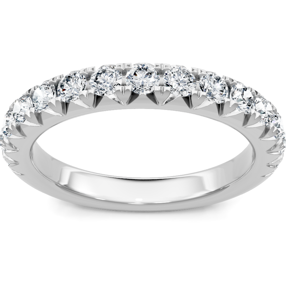 This gold 14K White Gold rose wedding band features a wedding band style with a wedding band setting. The design is accented with diamonds totaling about 0.05 carats.