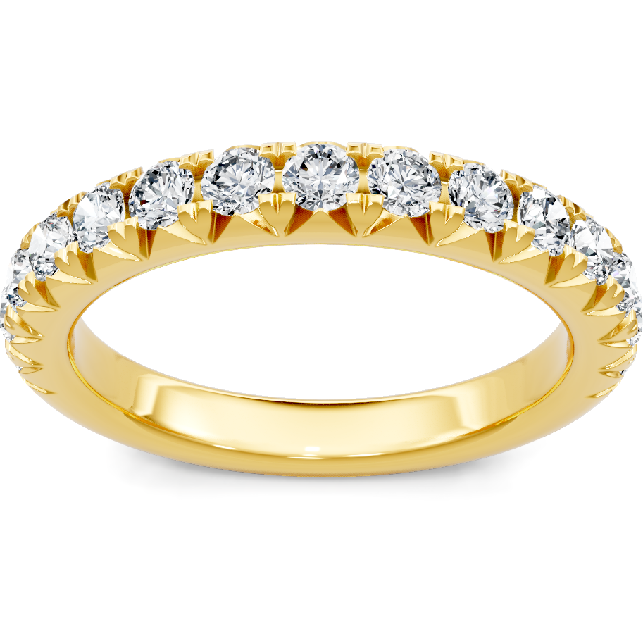 This gold 14K Yellow Gold rose wedding band features a wedding band style with a wedding band setting. The design is accented with diamonds totaling about 0.05 carats.