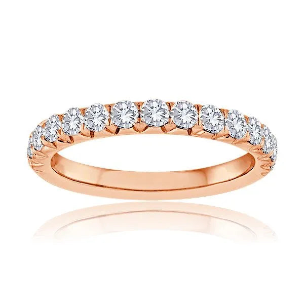 This gold 14K Rose' Gold rose wedding band features a wedding band style with a wedding band setting. The design is accented with diamonds totaling about 0.05 carats.
