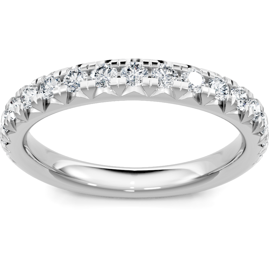 This gold 14K White Gold rose wedding band features a comfort fit style with a comfort fit setting. The design is accented with diamonds totaling about 0.55 carats.
