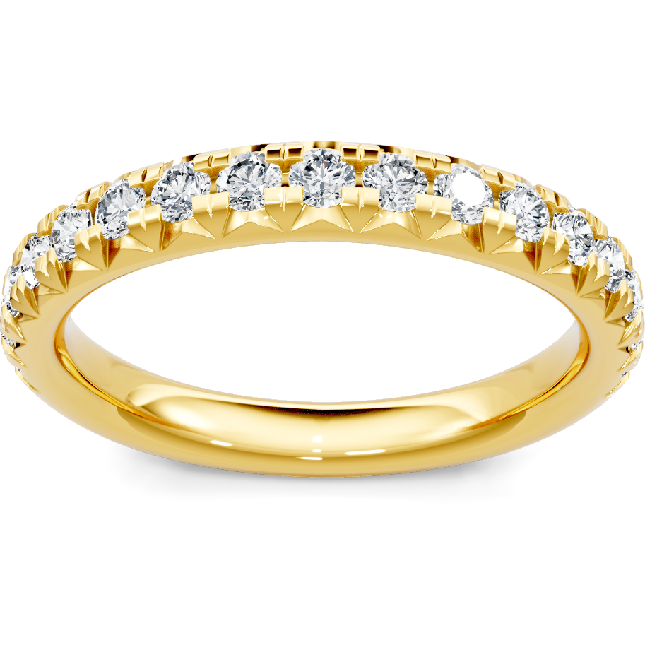 This gold 14K Yellow Gold rose wedding band features a comfort fit style with a comfort fit setting. The design is accented with diamonds totaling about 0.55 carats.