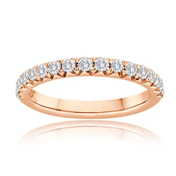 This gold 14K Rose' Gold rose wedding band features a comfort fit style with a comfort fit setting. The design is accented with diamonds totaling about 0.55 carats.