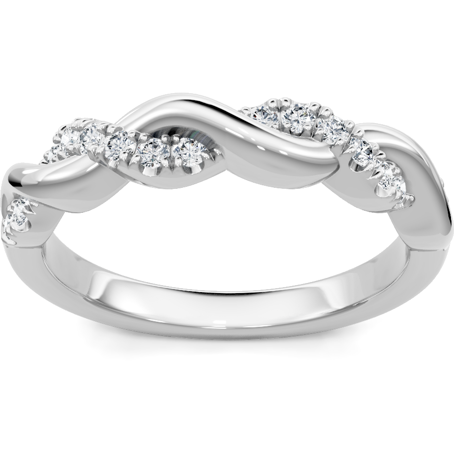 This gold 14K White Gold rose wedding band features a comfort fit style with a comfort fit setting. The design is accented with diamonds totaling about 0.01 carats.