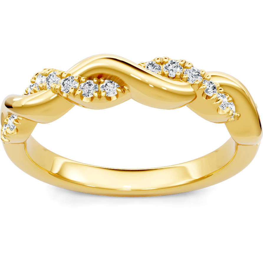 This gold 14K Yellow Gold rose wedding band features a comfort fit style with a comfort fit setting. The design is accented with diamonds totaling about 0.01 carats.