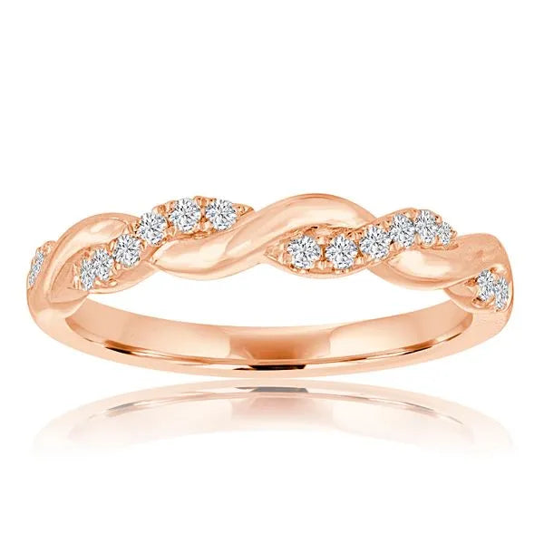 This gold 14K Rose' Gold rose wedding band features a comfort fit style with a comfort fit setting. The design is accented with diamonds totaling about 0.01 carats.