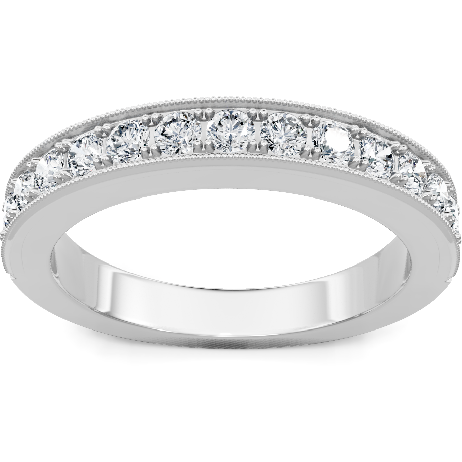 This gold 14K White Gold rose wedding band features a comfort fit style with a comfort fit setting. The design is accented with diamonds totaling about 0.012 carats.