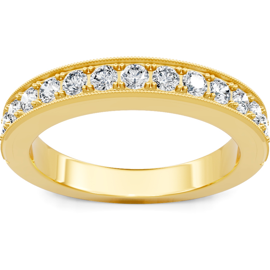 This gold 14K Yellow Gold rose wedding band features a comfort fit style with a comfort fit setting. The design is accented with diamonds totaling about 0.012 carats.