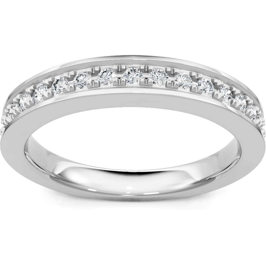 This gold 14K White Gold rose wedding band features a pavé style with a pavé setting. The design is accented with diamonds totaling about 0.013 carats.