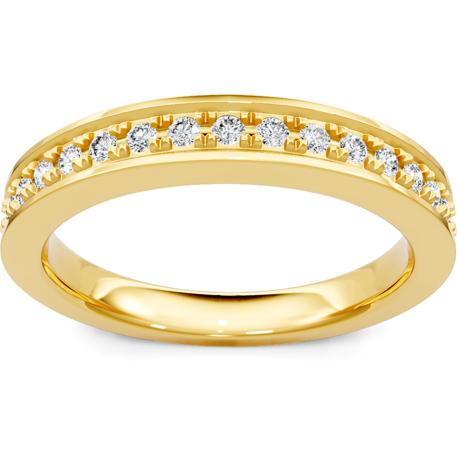 This gold 14K Yellow Gold rose wedding band features a pavé style with a pavé setting. The design is accented with diamonds totaling about 0.013 carats.