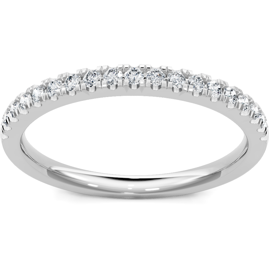 This gold 14K White Gold rose wedding band features a pavé style with a pavé setting. The design is accented with diamonds totaling about 0.013 carats.