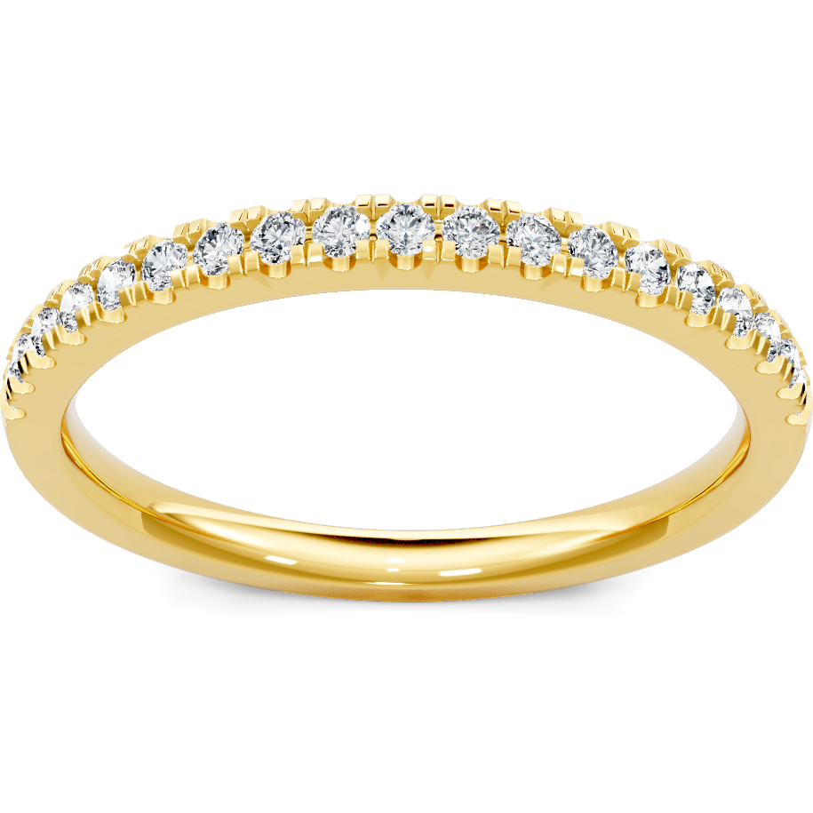 This gold 14K Yellow Gold rose wedding band features a pavé style with a pavé setting. The design is accented with diamonds totaling about 0.013 carats.