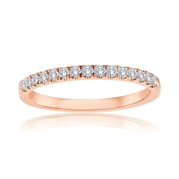 This gold 14K Rose' Gold rose wedding band features a comfort fit style with a comfort fit setting. The design is accented with diamonds totaling about 0.017 carats.
