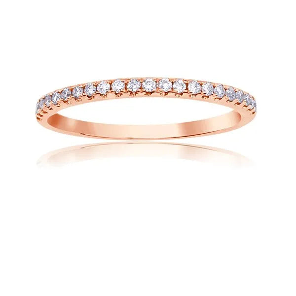 This gold 14K Rose' Gold rose wedding band features a pavé style with a pavé setting. The design is accented with diamonds totaling about 0.008 carats.