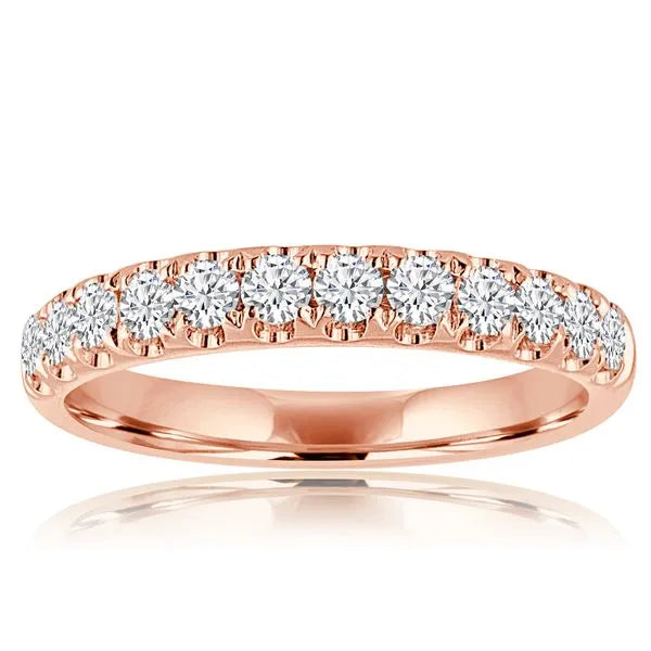 This gold 14K Rose' Gold rose wedding band features a pavé style with a pavé setting. The design is accented with diamonds totaling about 0.042 carats.