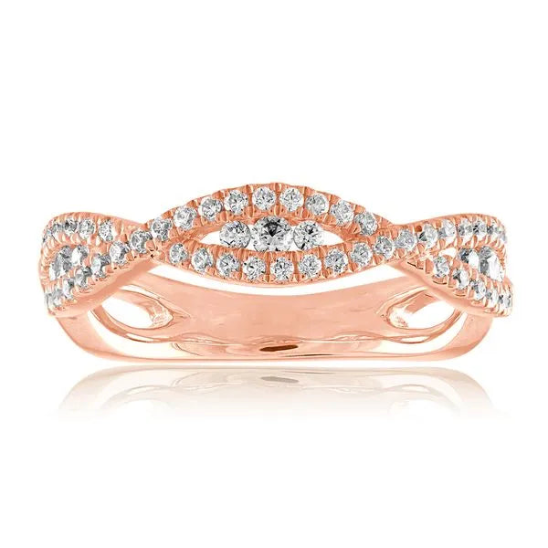 This gold 14K Rose' Gold rose wedding band features a comfort fit style with a comfort fit setting. The design is accented with diamonds totaling about 0.006 carats.