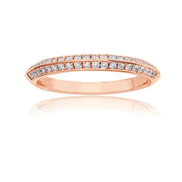 This gold 14K Rose' Gold rose wedding band features a pavé style with a pavé setting. The design is accented with diamonds totaling about 0.006 carats.