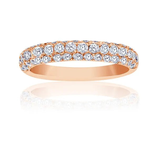 This gold 14K Rose' Gold rose wedding band features a comfort fit style with a comfort fit setting. The design is accented with diamonds totaling about 0.02 carats.