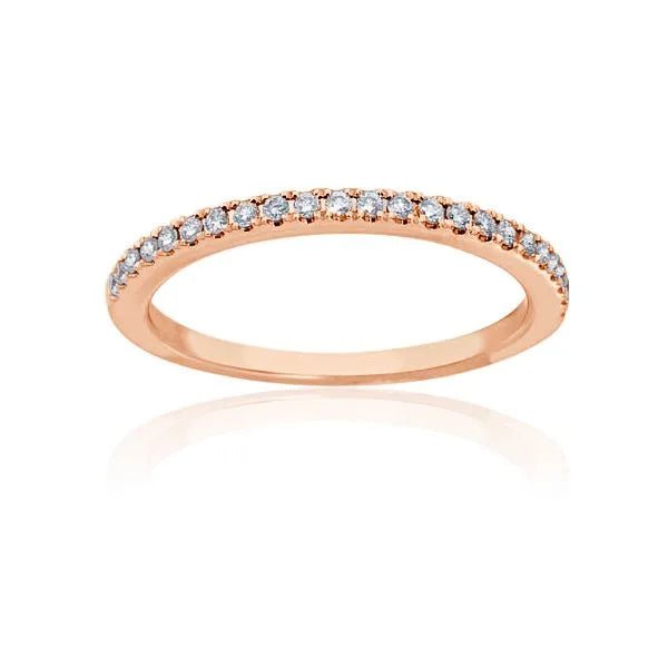 This gold 14K Rose' Gold rose wedding band features a twisted style with a twisted setting. The design is accented with diamonds totaling about 0.009 carats.