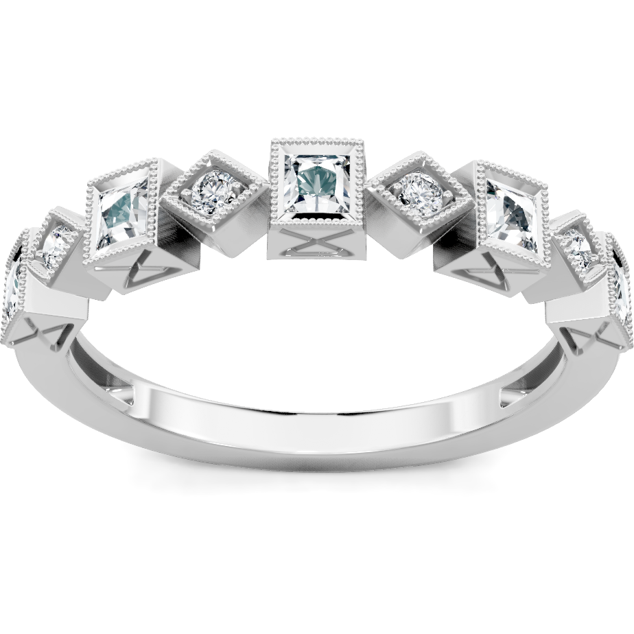 This gold 14K White Gold rose wedding band features a pavé style with a pavé setting. The design is accented with diamonds totaling about 0.05 carats.