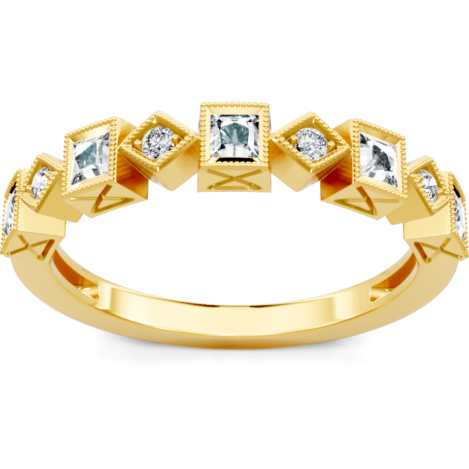 This gold 14K Yellow Gold rose wedding band features a pavé style with a pavé setting. The design is accented with diamonds totaling about 0.05 carats.