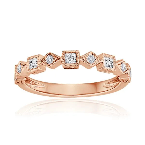 This gold 14K Rose' Gold rose wedding band features a pavé style with a pavé setting. The design is accented with diamonds totaling about 0.05 carats.