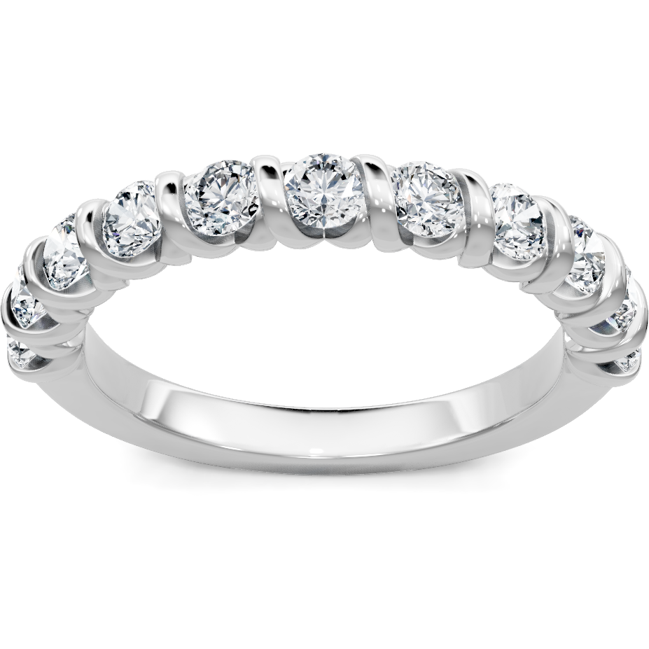 This gold 14K White Gold rose wedding band features a anniversary style with a anniversary setting. The design is accented with diamonds totaling about 0.5 carats.
