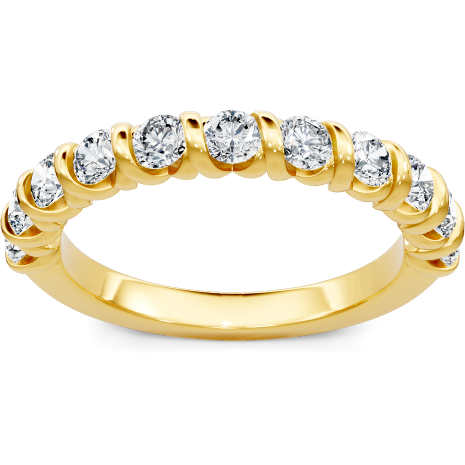This gold 14K Yellow Gold rose wedding band features a anniversary style with a anniversary setting. The design is accented with diamonds totaling about 0.5 carats.